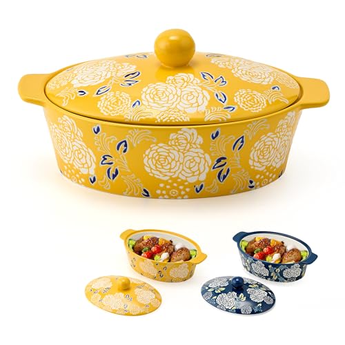 Yellow Ceramic Casserole Dish with Lid - Oven Safe Baking Pan for Cooking & Serving