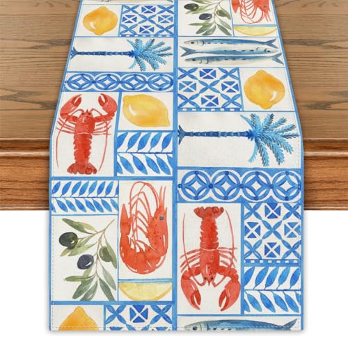 Cyan-Blue Linen Table Runner 13 x 72 Inch Crawfish Pattern
