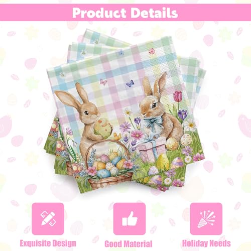 Easter Bunny Paper Napkins 20-Pack - 6.5 Inch Floral Spring Cocktail Luncheon Napkins for Party Table Decor
