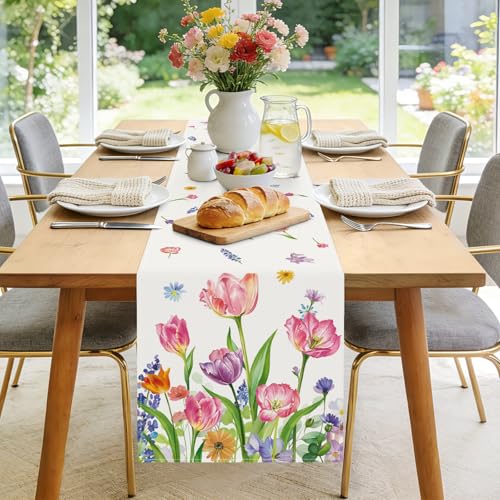 Bonhause 13x72 Inch Tulip Flower Table Runner - Pink Purple Floral