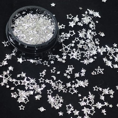 Silver Star Nail Charms 3D Metal Studs Mix Size DIY Manicure Art Decor