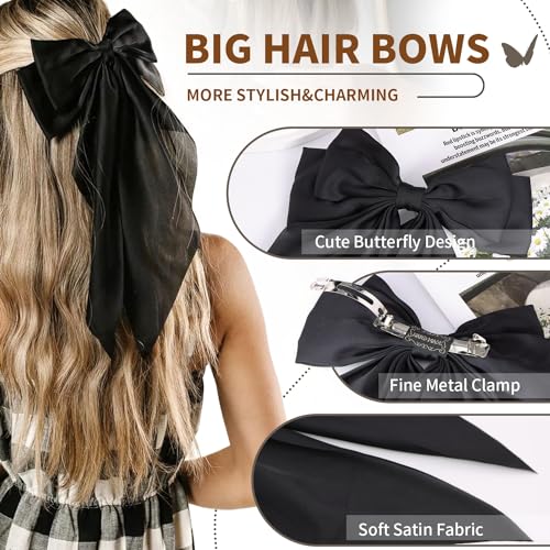 TINKRSTUFF 2 Pcs Silky Satin Big Hair Bows with Metal Clips, Large Long Tail French Barrette Hair Accessories for Women