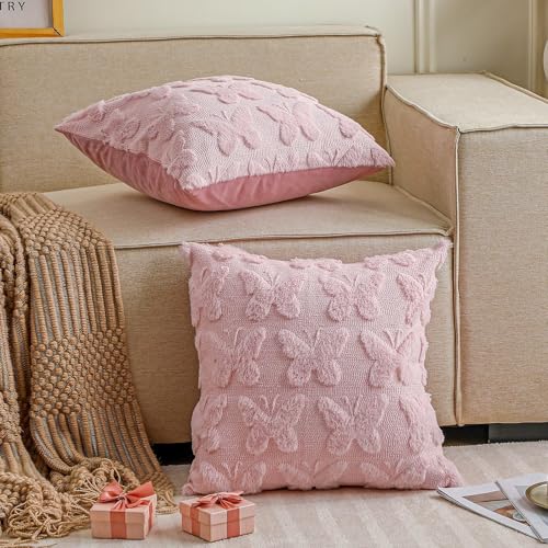 Pink Butterfly Pillow Covers Set of 2 18x18 Inch Faux Fur Decorative Throw Pillows