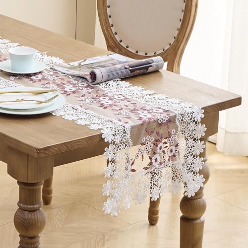 Dark Red Lace Table Runner 16x72 Inches Embroidered Dresser Scarf - Elegant Home Decor