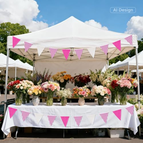 G2PLUS Pink and White Gingham Bunting Banner - 32Ft Triangle Garland