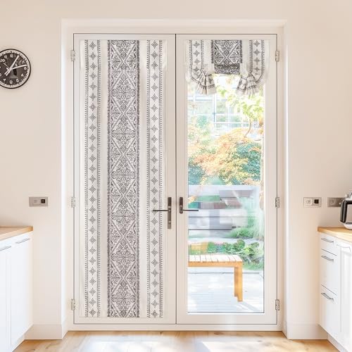 NICETOWN Glass Door Curtains Linen Blended, Farmhouse French Door Blinds Boho Print Privacy Window Treatment Covering for Patio Front Tieback Include, W26 x L72 inch, Greyish White, 1 Panel