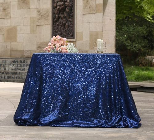 Navy Blue Sequin Rectangle Tablecloth 90x132 Inches for Party Wedding Celebration