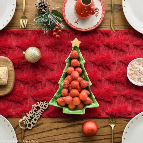 Christmas Tree Table Runner 13x48 Inch Red Plush Faux Fur Holiday Decor