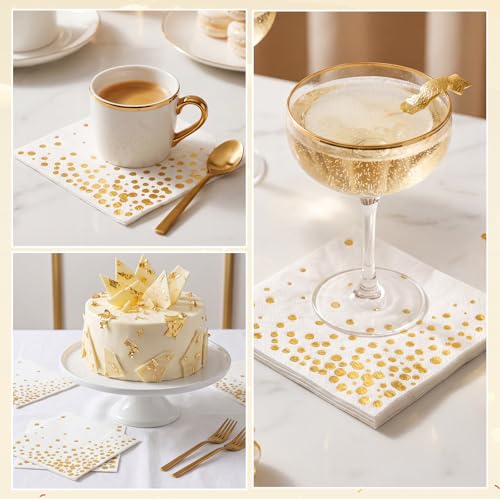 Elegant 80 Pack 3-Ply Gold Cocktail Napkins - 5" White with Gold Foil Dots