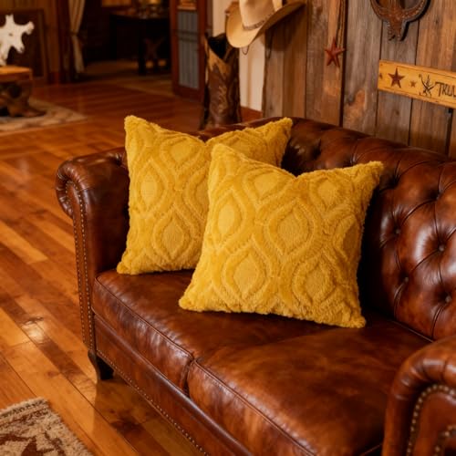 Pack of 2 Mustard Yellow Faux Fur Throw Pillow Covers 18x18