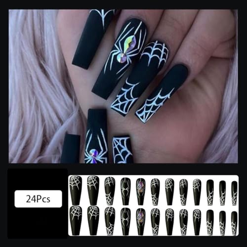 Villorem Halloween Long Coffin False Nails White Spider Web Press Ons