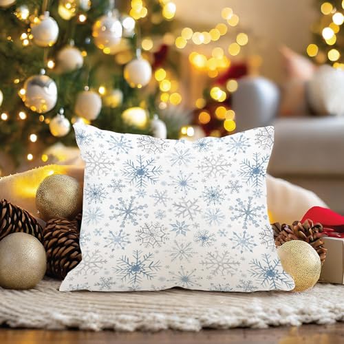 SDFKMLCDL Blue Silver Christmas Snowflake Pillow Cover 18x18 - Holiday Decor