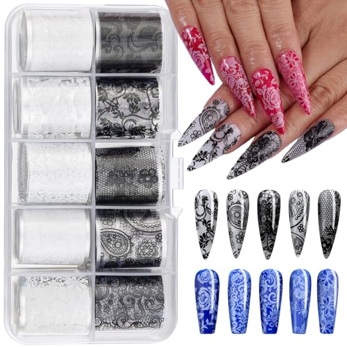 Kikonoke Lace Nail Foil Transfer Sheets - 10 Rolls Black & White Flower Decals