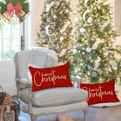 Merry Christmas Pillow Cover 12x20 - Red Outdoor Lumbar Cushion