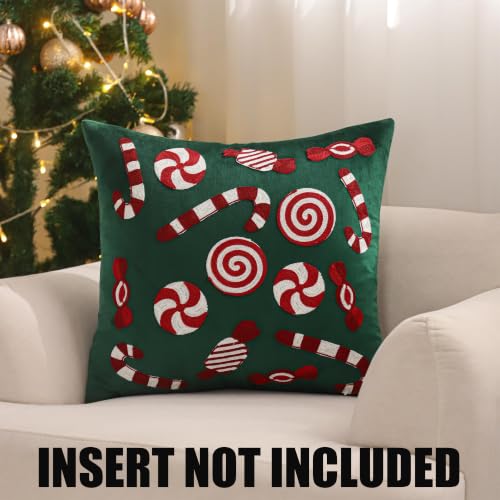 Christmas Throw Pillow Cover 18x18 Set of 2 Dark Green Candy Cane - Holiday Decor