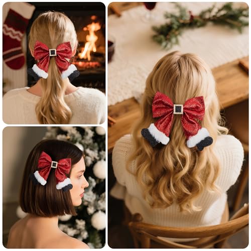 Christmas Red Sparkly Velvet Bow Hair Clip for Women and Girls