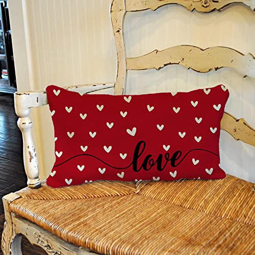 Valentine Heart Throw Pillow Cover 12x20 Inch Red Farmhouse Decor