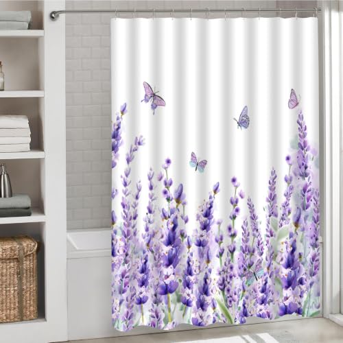 Lavender Floral Shower Curtain 70x70 Inch, Watercolor Butterfly Bathroom Set