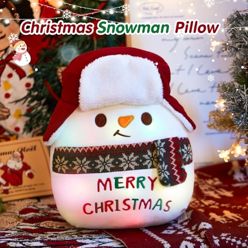 Light Up Christmas Snowman Plush Pillow with LED Lights - Festive Decor, 14 Inch, Variations of Light Snowman