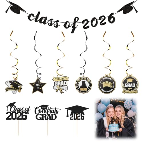 Congrats Grad 2026 Cake Topper Set - Black Glitter Graduation Decor