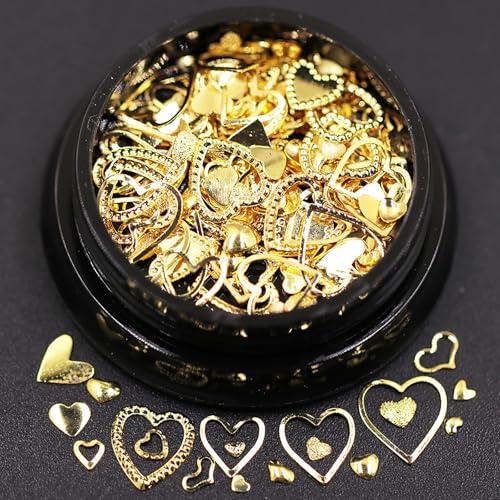 Gold Heart Nail Charms 3D Metal Art Studs Mix Size Manicure Decoration