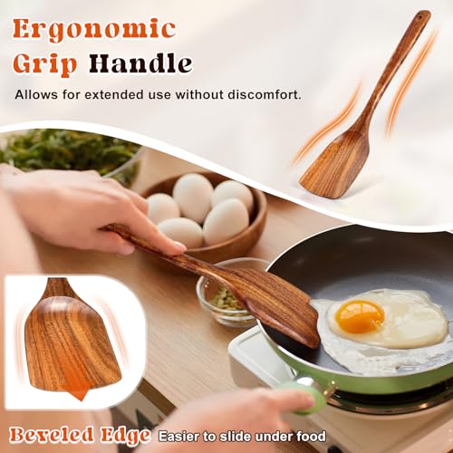2Pcs Acacia Wooden Spatula Set - Solid & Slotted Turner Utensils