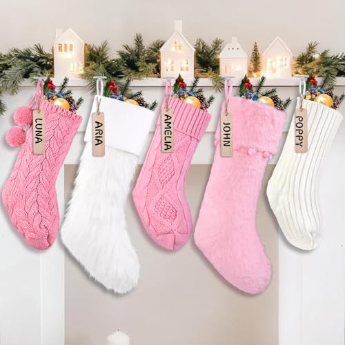 Christmas Stockings Set 5 Pcs Knitted & Plush Holiday Decorations - White & Pink, 18in & 15in, Farmhouse Rustic Style