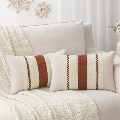 Boho Decorative Throw Pillow Covers Set of 2 - 20x12 Cotton Linen