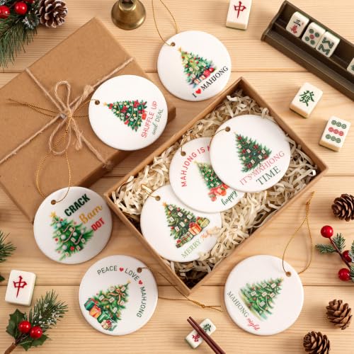Christmas Mahjong Ornament Set - 8 Ceramic Holiday Decorations for Tree