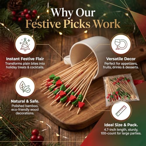 Christmas Tree-Shaped Bamboo Cocktail Picks for Appetizers & Drinks - 100 Pcs