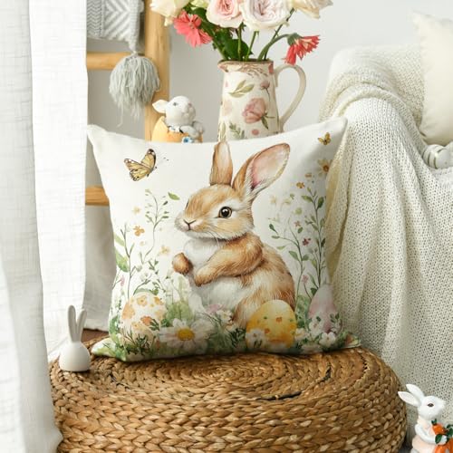 AVOIN colorlife Easter Bunny Throw Pillow Cover, 18x18 Inch Floral Case