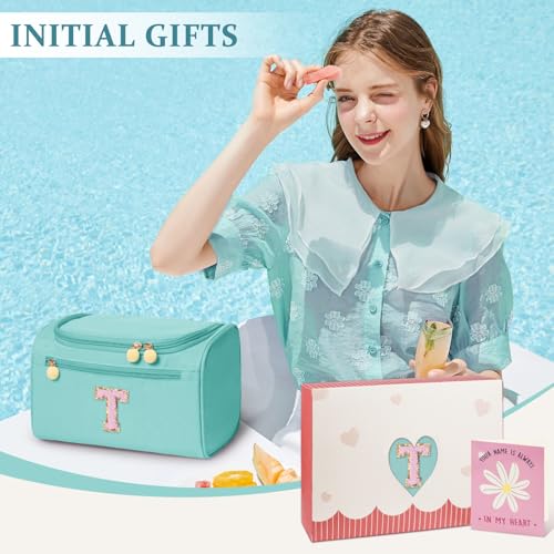COSHAYSOO Initial Hanging Travel Toiletry Bag Preppy Teal Blue Letter T