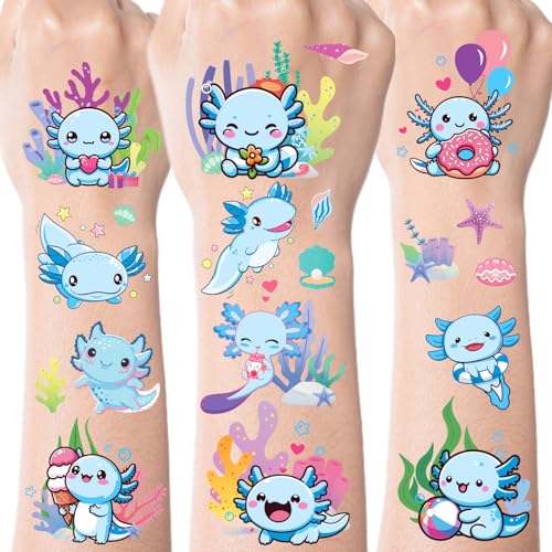 Blue Axolotl Temporary Tattoos - 8 Sheets Cute Salamander Party Favors