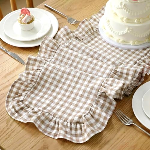 Tegeme Brown Gingham Cotton Ruffle Table Runner - 12 x 71 Inches