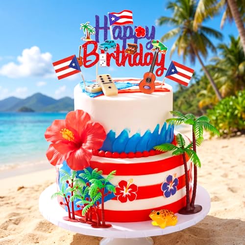 Puerto Rican Birthday Cake Topper Set with Glitter Decorations - Cultural Celebration