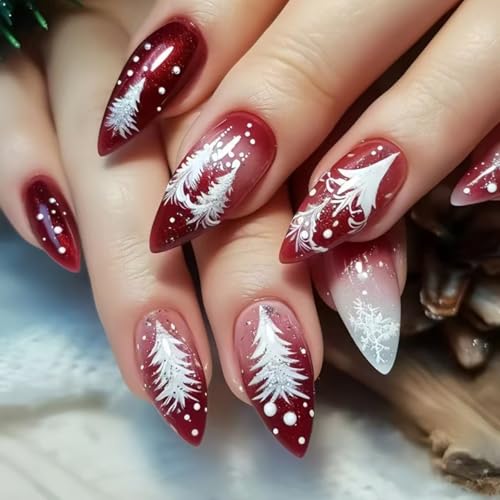 Christmas Press on Nails Medium Almond Wine Red Snowflake False Nails
