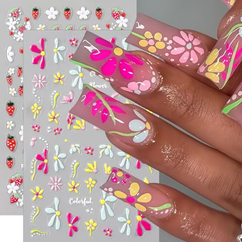 Quezadyl 5D Embossed Flower & Strawberry Nail Art Stickers - 4 Sheets Daisy Decals