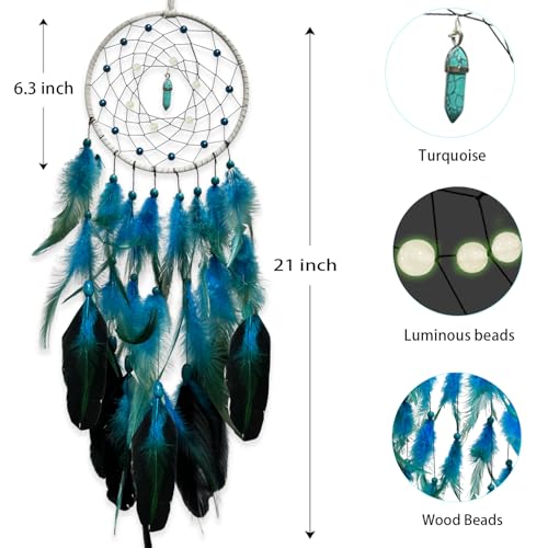 Blue Glow in the Dark Dream Catcher with Turquoise Gem - Handmade Wall Decor for Kids