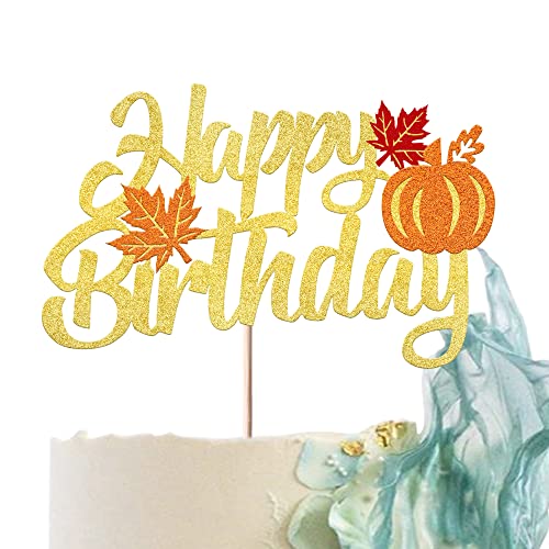 Happy Birthday Cake Topper - Glitter Pumpkin & Maple Leaf Decoration