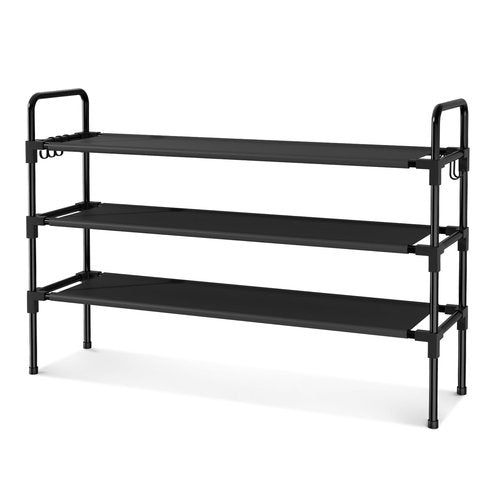 BrFoYu Long Shoe Rack for Closet, 12-16 Pairs Stackable Shoe Organizer, Shoe Shelf Storage for Sneakers & Boots Shoe Storage for Entryway Dorm Garage, Black, with 5 Hooks
