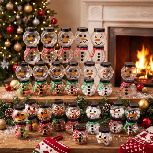 Christmas Snowman Candy Jars Set of 24 with Two Color Ribbons