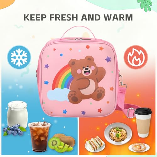 Insulated Kids Lunch Bag with Adjustable Strap - Bear Pink