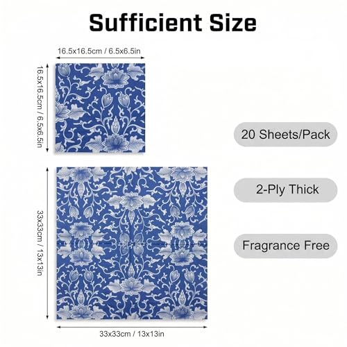 BESALILY Lotus Printed Paper Napkins - 20 Count, 2-Ply, Blue