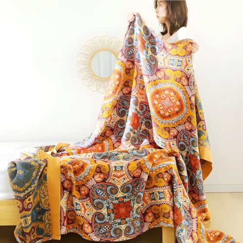 Watbro Boho Cotton Throw Blanket - 60" x 80" Floral Rustic Farmhouse Quilt