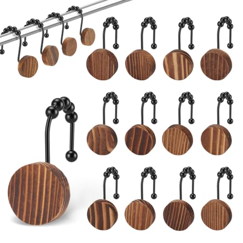 Natural Wood Shower Curtain Hooks - Five Beads Design, 12 Pack