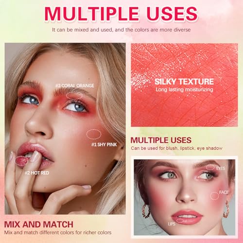 Tiejdhr 3-in-1 Cream Blush Stick - Waterproof Orange Lip, Cheek & Eye Tint