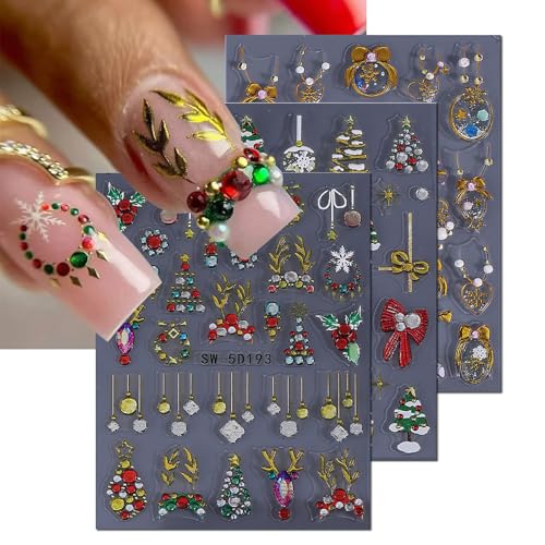 5D Embossed Christmas Nail Stickers Glitter Snowflake Reindeer Decals 3Sheets