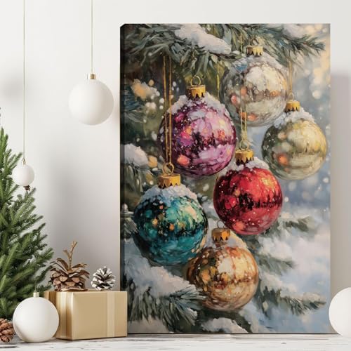 Christmas Tree Canvas Wall Art 12x18 Snow Scene with Baubles - Holiday Decor