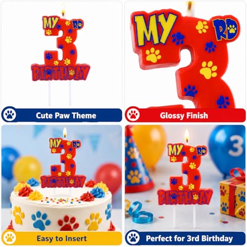 Number 3 Birthday Candle, Red Paw Print Cake Topper for Puppy Themed Party
