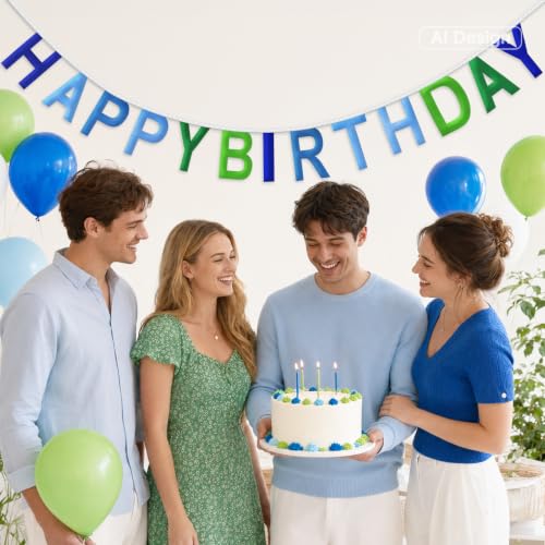 Happy Birthday Banner Pre-Strung Sign - Reusable Blue Green Decor